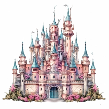Pastel Beautiful Fairy Castle Clipart ,Cartoon,hyper realistic, intricate detail, illustration style,high solution,on the white background
