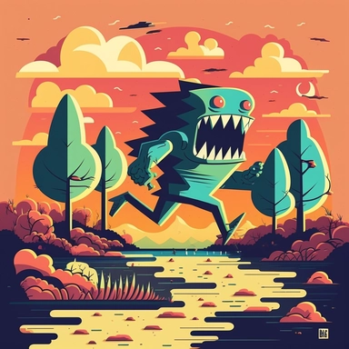 monster running，Stunning Anime Riverine landscape painting, in the style of Paul Klee and Atey Ghailan, Beksinki，Feet wearing hoka running shoes, flat design,illustration, cartoon, vector, sharp focus, super detailed, illustration, 16:9, v4, q2, 16k, High quality, clipart