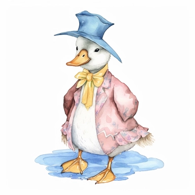 classic Beatrix potter Watercolor svg clipart of a cute adorable jemima puddle duck illustration by Beatrix potter , pastel groom wedding suit , cottage core, png isolated on white background