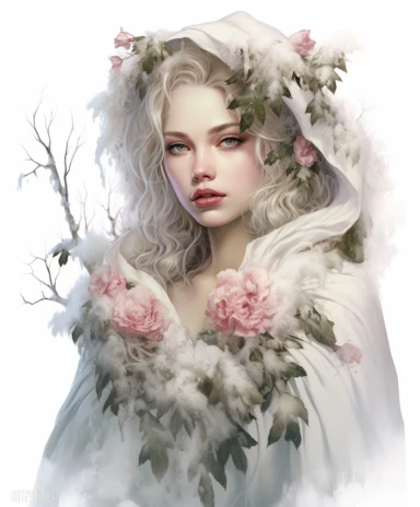 isolated on white illustration watercolor art of a portrait of beautiful feminine princess, overgrown with white and light pink roses and flowers, covered with snow and ice, a lot of moss and branches, lace and embroidery, trees, fur cape, masterpiece by Tom Bagshaw style and by Hans Zatzka style and by James C. Christensen style and by Alexander Jansson style, Baroque fashion, PNG clipart, isolated on white, white background, extreme photorealistic details, 32k HD resolution, realistic high det