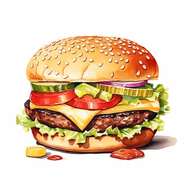 a watercolor, hyper-realistic clipart image with a white background and white margins, showcasing a classic cheeseburger with a juicy beef patty, melted cheese, lettuce, tomatoes, and pickles. The ultra-detailed, hand-drawn elements capture the textures and colors of the burger ingredients. Use bold shades of brown, green, and red to evoke the mouthwatering and indulgent nature of this fast food staple