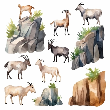 Watercolor wild goats climbing rocks in mountain , illustrations clipart set, simple , cartoon elements, rocks, bushes , different variants , , separate elements with a margin