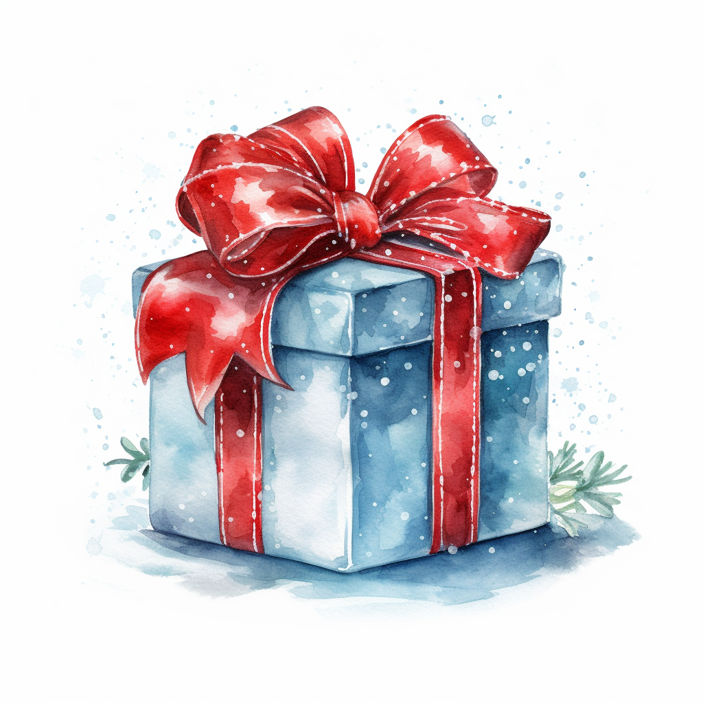 Christmas Gift Box Watercolor Illustration. Clipart Element On White 