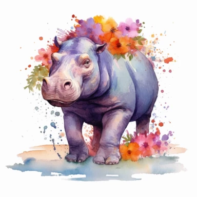 watercolor, walking hippo, flowers clipart