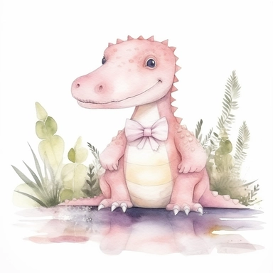 Nursery Watercolor Illustration clip art of cute pastel pink famale alligator walking on swamp water white background