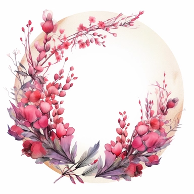 Delicate watercolor clipart showcasing a cluster of pink flowers, viewed from a bird's-eye perspective, arranged within a circular frame adorned with intricate botanical motifs, evoking a sense of grace, harmony, and the eternal cycle