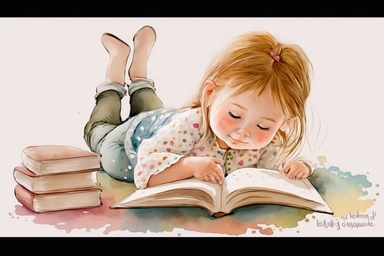 watercolor clipart, happy cute little girl lying on her stomach reading a book with her feet up, chibi