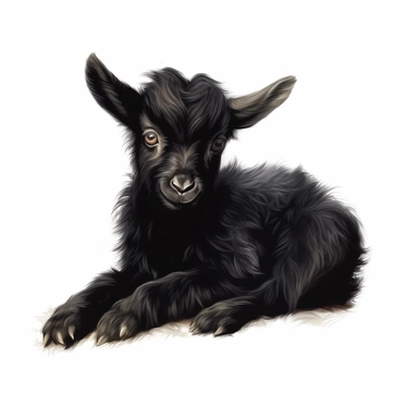 black baby goat lying down, digital painting and drawing, clipart, full body, hyper - realistic animal illustration, childlike, free brushwork, white background