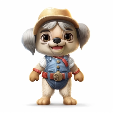 Adorable cute fantasy baby dog dressed like rune farmer standing in dynamic pose,front view,fullbody,sharp through out,happy expression, nursery art, clipart image, lineart image, white background, very detailed, 8k, composition wide shot
