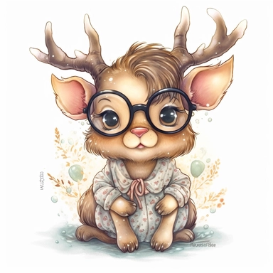 kawaii adorable fantasy baby elk wearing cute glasses, nursery art, clipart image, line art image, white background, inspired by yoshitaka amano art, very detailed, 8k