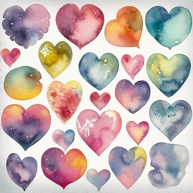 A set of Heart Clipart watercolor style illustrations from the United States, set on an isolated solid background. The images exude a romantic and dreamy beauty, with a touch of whimsy and playfulness. The heart is the same size, the design is simple but eye-catching. Multi-colored shades represent a variety of themes. Some of the elements incorporated in the designs include cupid arrows, love letters, locks and keys, alluding to the idea of love as a journey and a treasure to be treasured. The 