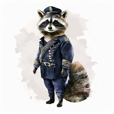 Stylish funny Raccoon in Enlisted Navy Dress Blue Uniform, full body, colorful waterpaint Clipart, watercolor, high-quality illustration, professional raster graphic, white background, Studio Lighting, ultra-detailed, 8k
