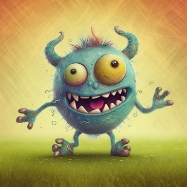 CUTE LITTLE MONSTER dancing on the lawn, muted colors, swirls, twists, twirls, metallic, glitter, stylized, funny, centered, airbrushed, digital oil, detailed illustration, clip art, cartoon, 8k,-- ar 9:8