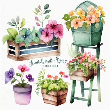 Watercolor Spring Planters Clipart - springtime cute planter boxes and garden ladders