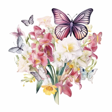 Design a dreamy watercolor clipart of a Bouquet of butterfly-shaped flowers such as orchids, lilies, and calla lilies arranged in a whimsical and enchanting display composition, hand-painted with soft and graceful brushstrokes. Draw inspiration from the artistic finesse of Ethereal Petals Watercolors for a refined and ethereal depiction. isolated on a white background, hand-drawn illustration, hand-painted watercolor texture, 16k UHD resolution, intricately detailed, sharp focal points, designed