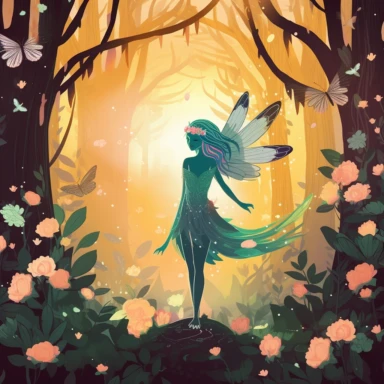 A mesmerizing fairy in a mystical forest, delicate wings shimmering with iridescent colors, surrounded by glowing flowers and soft moss, Enchanted forest with ancient trees and dappled sunlight, Serene and magical atmosphere, Clipart, using flat colors and simple shapes to depict the scene