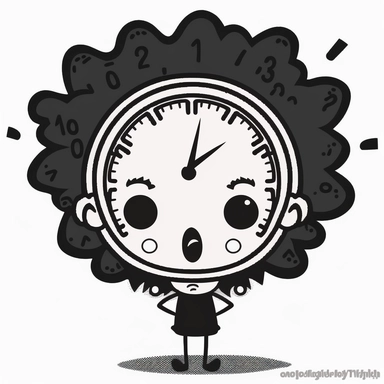 cute clipart of kawaii kid clock. Image shaped like a big brain. Beautiful, flat, cute manga style, black and white, brain shape image borders