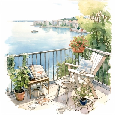 watercolor, hyper realistic, white background, white margins, 16k, ultra detailed clipart, cut out image, hand-drawn, whimsical manhwa style, ultra HD, sharp and clean art cozy balcony with a rocking chair, a small side table, and a few candles, surrounded by greenery, overlooking a peaceful lake.