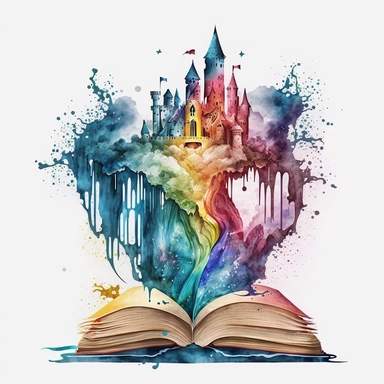 Clipart, Mythical Watercolor Castle Emerging from an Open Book, no background, hd