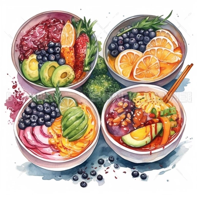 watercolor clipart of a collection of various nutritious healthy bowls, presented in a flatlay style with a top-side view on a clean white background. Each bowl should be filled with a visually appealing arrangement of nutritious ingredients, showcasing their vibrant colors and textures. Ensure that the bowls are not overlapping or interacting with each other, maintaining a clear separation between them. Capture the details of each ingredient with delicate watercolor strokes, emphasizing their f