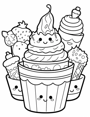 Kawaii Ice Cream with delightful designs and flavors, like blueberry, chocolate chip, and banana For Simple Coloring page,line art, thick lines, black and white,clipart, illustration, on white background,margin Page 10px