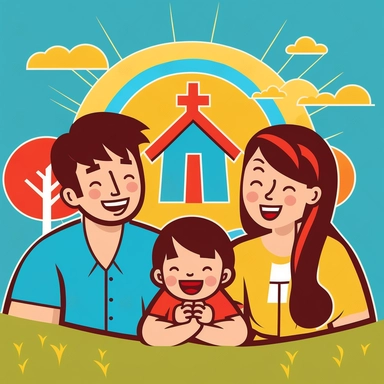 clipart , Happy Asian family mom, and dad smiling , and a child laughing with a puppy , sitting on the grass , primary color is yellow, blue and red, bright atmosphere, flat illustration, story telling, James jean, simple lines ,high resolution paper-cut styles , church with a cross on top backgrounds,no shading
