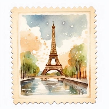A watercolor clip-art featuring a vintage French postcard with a scenic view of the Eiffel Tower and the Seine River, capturing the iconic landmarks and romantic essence of Paris, muted and dreamy colors, white background, scrapbooking, intricate details, visible brush strokes, and realistic painting, on the theme of vintage French postcard art for travel-inspired designs and trending on Etsy