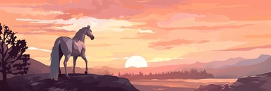 The clipart shows a horse in a delicate and romantic atmosphere. The horse is standing in a picturesque landscape illuminated by a warm, golden evening sun. The background is designed with soft hues like pastel pink, lavender or a soft sunset gradient. The horse itself has an elegant and graceful posture. It has its head slightly lowered as it gazes into the distance, as if filled with dreams and romance. The horse's eyes have a gentle and dreamy expression. The mane and tail are long and flowin