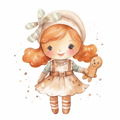 a watercolor nursery gingerbread girl cookie illustration clipart, clean background, white background, isolated on white