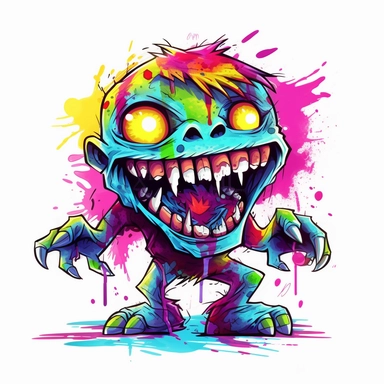 monster sharp teeth neon colors happy kid kawai zombie clipart white background
