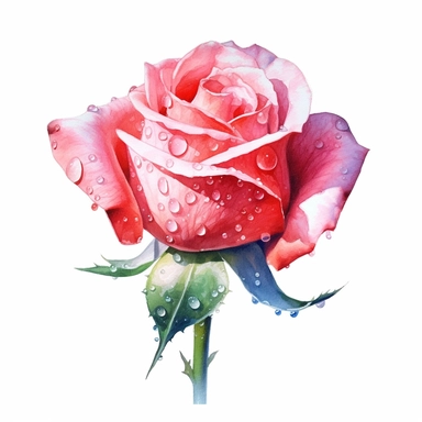 Realistic vibrant watercolour illustration, single blush rose bud with high detail droplet, high detail, clear edges, clipart isolated on pure white background