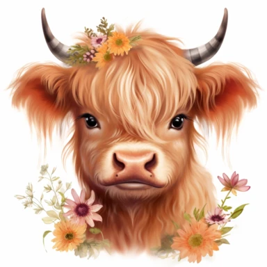 baby girl highland cow illustration in flower meadow with hair bow on head clipart on white background
