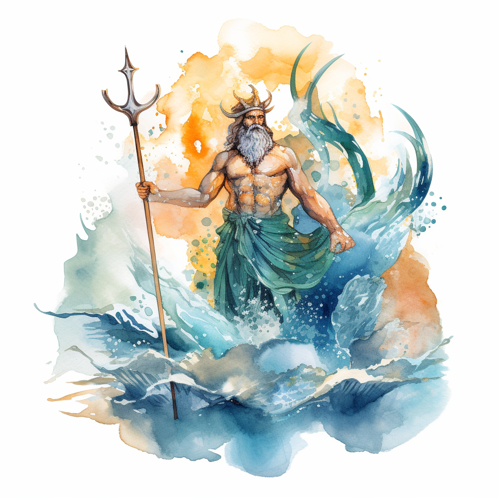 A watercolor clipart of Poseidon, the Greek god of the sea, depicted ...