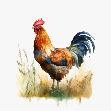 a watercolor clipart artwork of a rooster with grassland, blank background, highly detailed, 8k