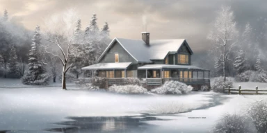 clipart of a beautiful winter scene of a house with a large level yard, in a snowstorm, by a frozen pond, deep snow, a few pine trees with snow on them, grey sky, snow falling, hyper realistic, high definition, sharp focus,