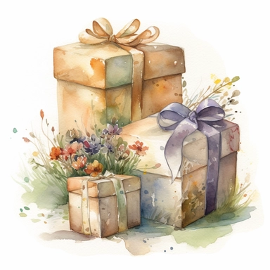 insanely beautiful pile of 3 gift packages , in the style of beatrice potter, 32k uhd, hand-painted details, pastoral illustrations, amazing colour combinations , aquarellist, hd , white background clipart ,-- no watermark--ar 27:37