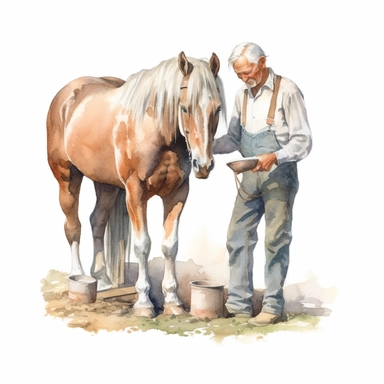 realistic watercolor drawing of a farmer brushing a horse on a charming California farm, on a white background where the background will be removed to repurpose as a clipart.