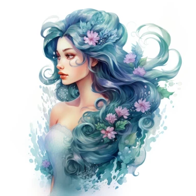 clipart watercolor isolated: Illustrate a magical underwater mermaid adorned in pastel hairdo and a long tail