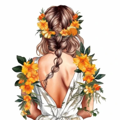 A Watercolor woman, upper body, back view, White fabric leaves flowers Marigolds decorate hair, wedding dress with flowers Marigolds and leaves adorning her hair. hair up with flowers Marigolds vividly bold designs png Full body realistic cartoon in 32K UHD cute. 15 cm thick outline. There was no shadow on the ground. 8k with realistic watercolors. and detailed illustrations. PNG, clipart, hd, on white background, spaced out