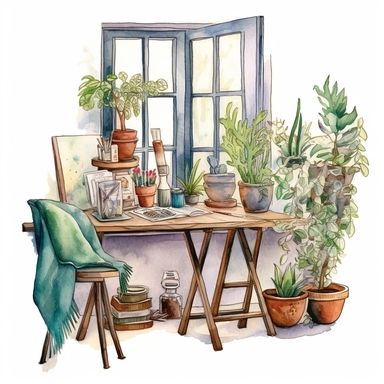 A boho style home working corner with watercolor effect, boho style tools, boho style big window, , boho style details, boho colors, suitable for digital clipart, white background, boho style green plants, boho flowers