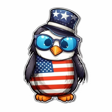 Sticker, American flag with penguin scarf and sunglasses Sublimation Clipart, Cartoon funny, Cute anime, Very detailed, white background