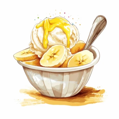 One banana ice cream bowl Watercolor Clipart On a white background , detailed background elements, playful and colorful depictions , no watermark, text, words, paintbrush, typography, the images do not stick together On a white background , in the style of jane newland, detailed background elements, playful and colorful depictions , no watermark, text, words, paintbrush, typography, the images do not stick together,