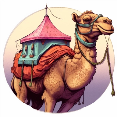 camel with tent howdah, C. M. Russell Josh Kirby Mad Max Lord of the Rings, enamel punk zine indie retrowave, clipart illustration, circular solid background circular border