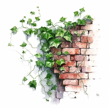 watercolor, hyper realistic, white background, white margins, 16k, ultra detailed clipart, cut out image, hand-drawn, whimsical manhwa style, ultra HD, sharp and clean art a graceful ivy vine climbing up the side of a brick wall, with rich green leaves and tendrils curling around the edges
