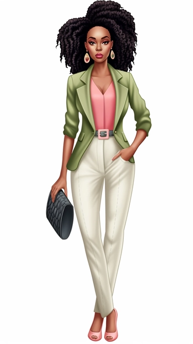 full body stylish African American woman clip art wearing salmon pink shirt and apple green suit and heels, intricate braided hairstyle , white background