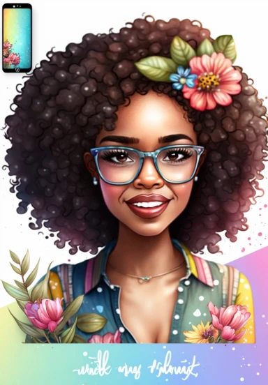 2d watercolor clipart kawaii, spring, april, character of beautiful african american woman smiling, Intricately rendered dark Skinned woman, full body portrait, intricately rendered, 8k, short thick curls brown hair, sparkles, generously detailed, hyper realistic, digital, long rainbow eye lashes, beautiful retro comic urban chick, nerdy, glasses, 8k,