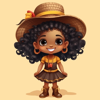 little afro cute girl , braids in her hair with bows at the ends, smiling, beautiful festa junina dress plaid, hugh eyes, straw hat on her head, boots, clipart style, embarressed with black outline,