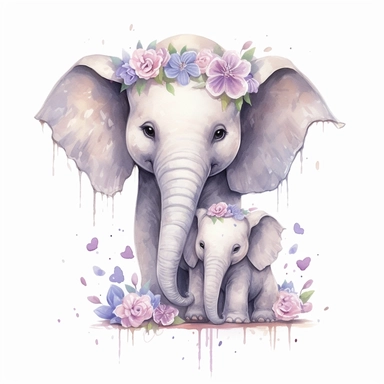 Cute floral illustration, realsitic adorable baby Elephant hugging his mom happy clipart, nursery style clipart, Nursery Animals Art, Kids Wall Art, Kids Room Decor, Baby Room Decor, isolated on white, ultra - detailed, high quality, ghibli style, award winning