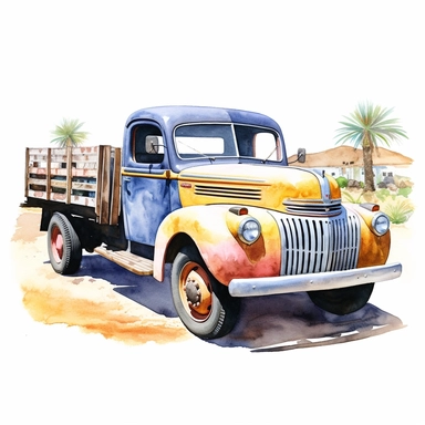 realistic watercolor drawing of a vintage ford truck in California farm, on a white background where the background will be removed to repurpose as a clipart.