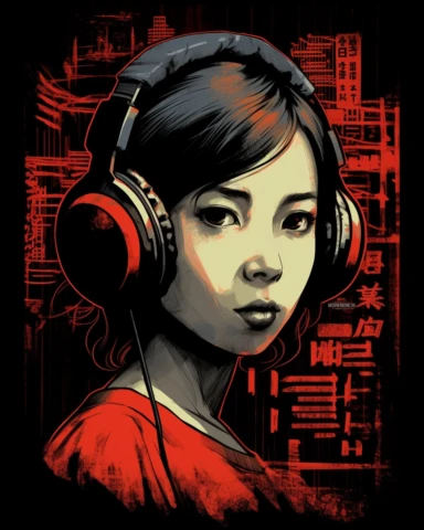 a newspaper clip art illustration with a red eye for an asian woman wearing headphones, in the style of large-scale murals, dark palette chiaroscuro, movie poster, mori kei, captivating documentary photos